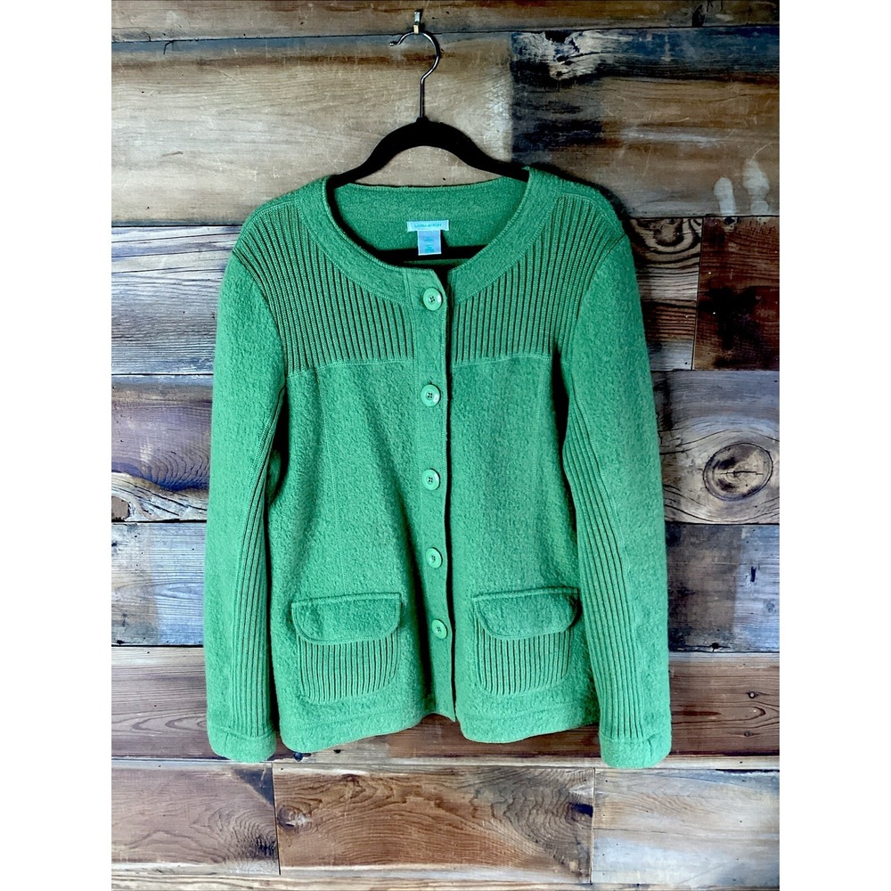 Vintage Laura Ashley Ribbed/Boiled 100% Wool Cardigan Sweater Womens Large Green